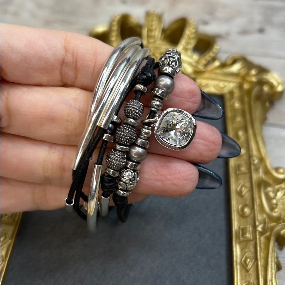 Lizzy James Silver and Black Leather Wrap Bracelet/Necklace